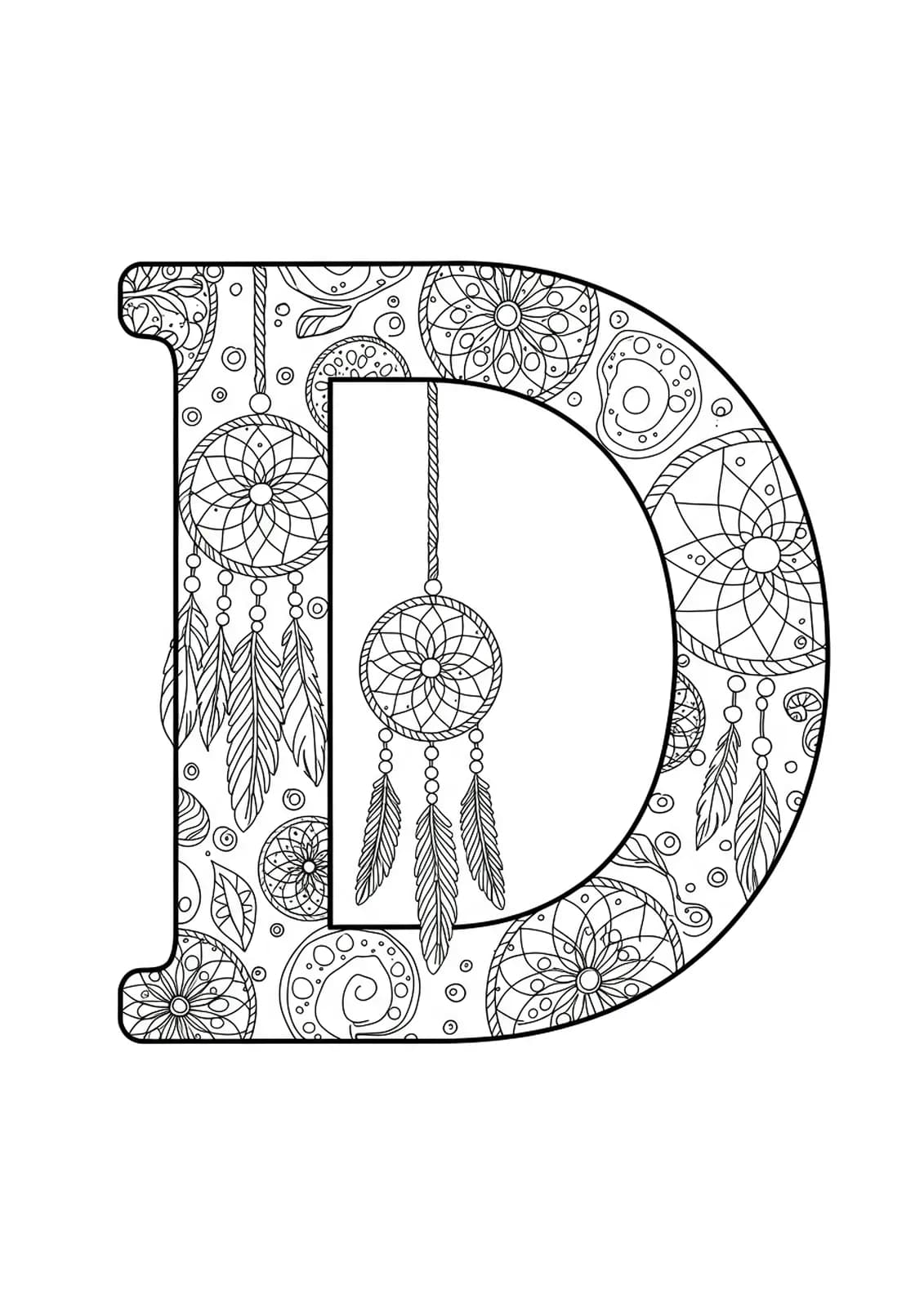 Easy adult coloring page of the letter D with dreamcatcher patterns