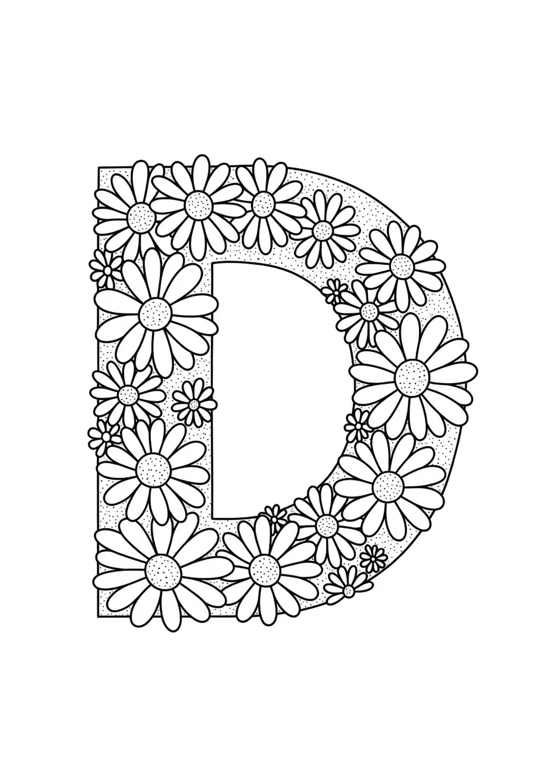 Easy coloring page with a large letter D and several big daisies, suitable for young children.