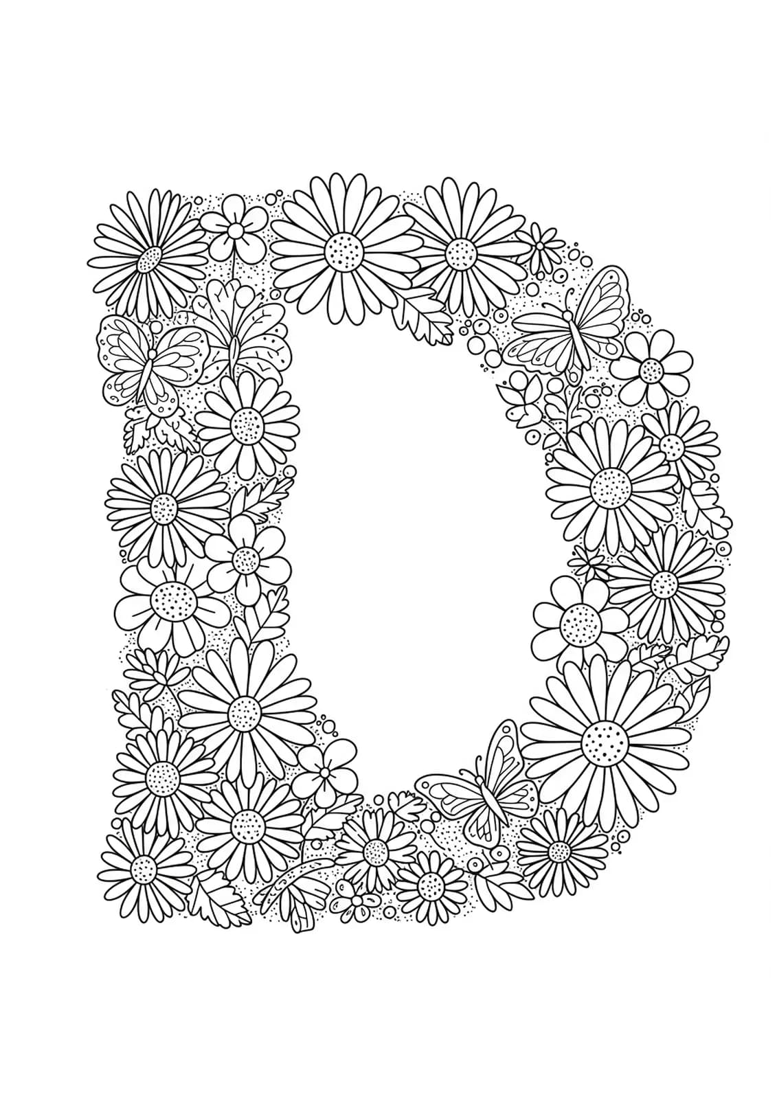 Letter D decorated with daisies, leaves, and butterflies, suitable for elementary coloring.