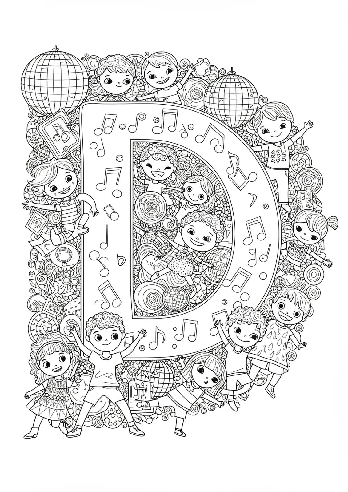 Intricate letter D design showing dancers, music notes, and dance floor patterns for coloring.