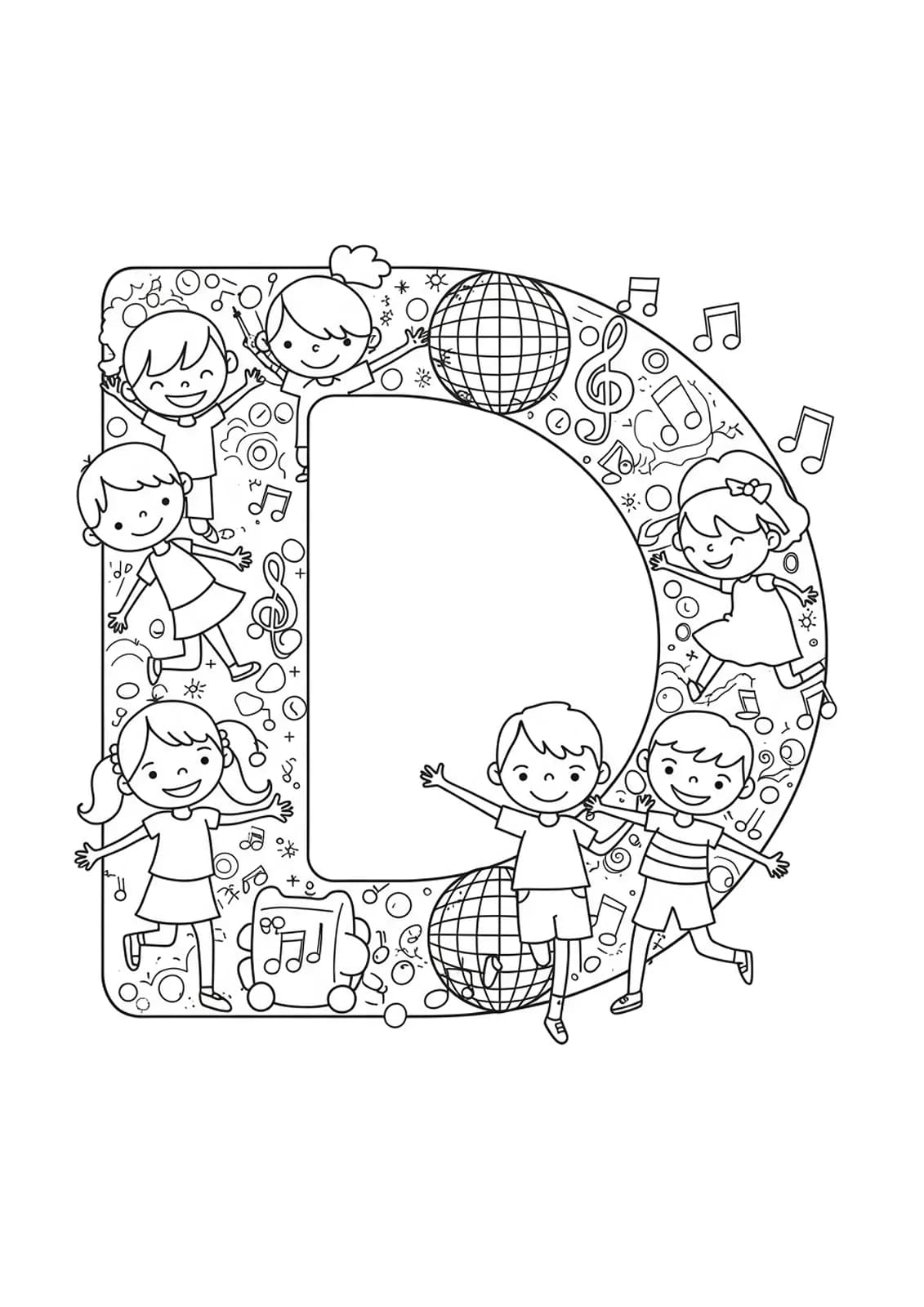 Letter D with children dancing, musical notes, and disco ball, medium level for elementary.