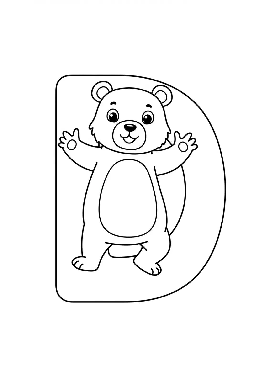 Large letter D and a cartoon bear dancing, simple outline for preschool coloring.