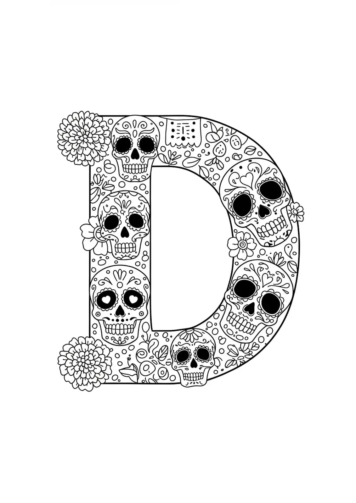 Letter D in Day of the Dead theme with sugar skulls and floral patterns for kids to color.