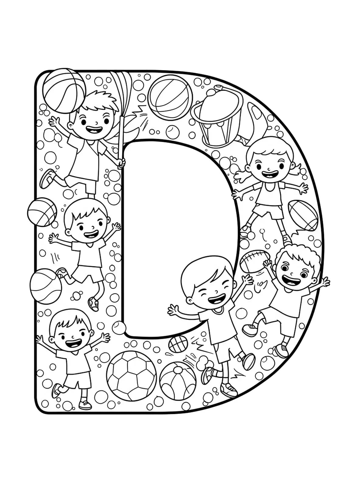 Letter D with sports equipment, action poses, and crowd scenes for intricate coloring.