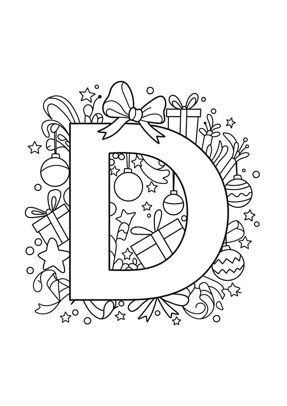 Coloring page showing a big letter D decorated with stars, ribbons, and ornaments, easy for kids to color.