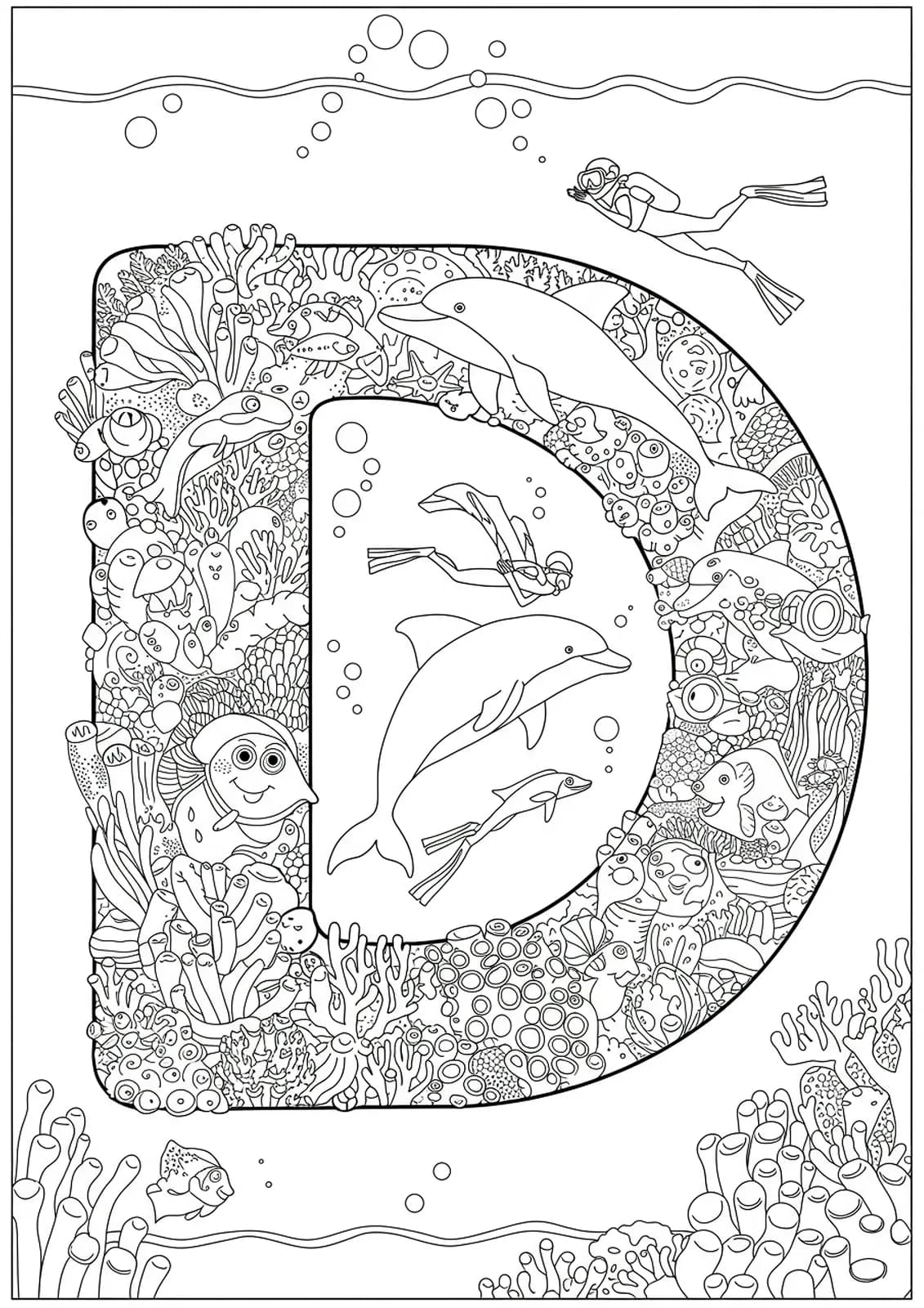 Letter D filled with detailed sea creatures, divers, and ocean plants for coloring.