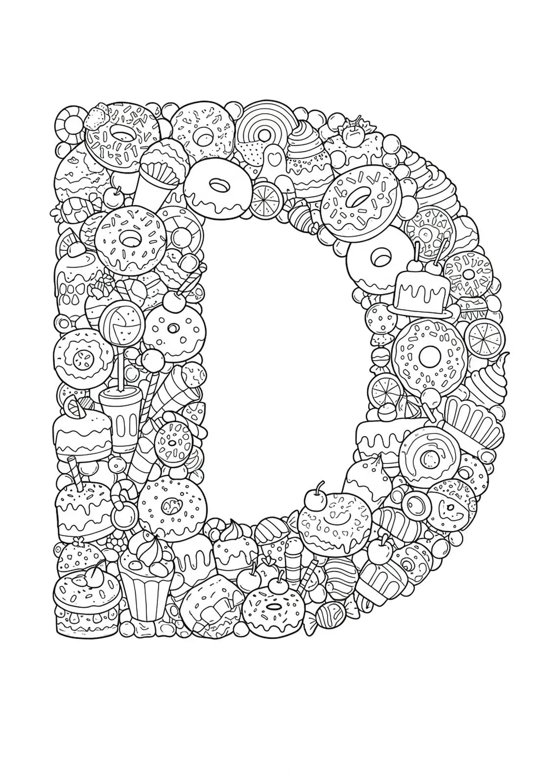 Highly detailed letter D with desserts like donuts and cupcakes, designed for kids to color.