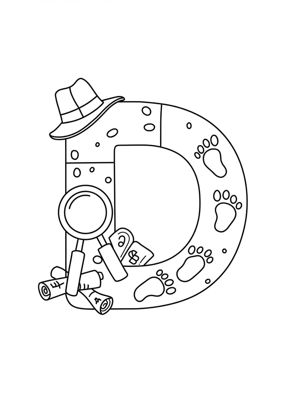 Letter D as a detective with hat, magnifying glass, and clues, medium complexity for children.