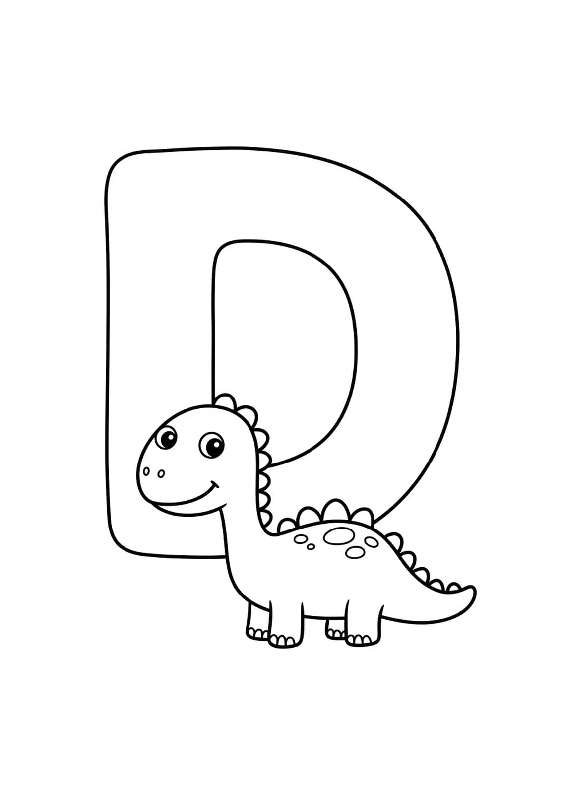 Easy dinosaur themed coloring page featuring a big letter D and a smiling dinosaur, ready to color.