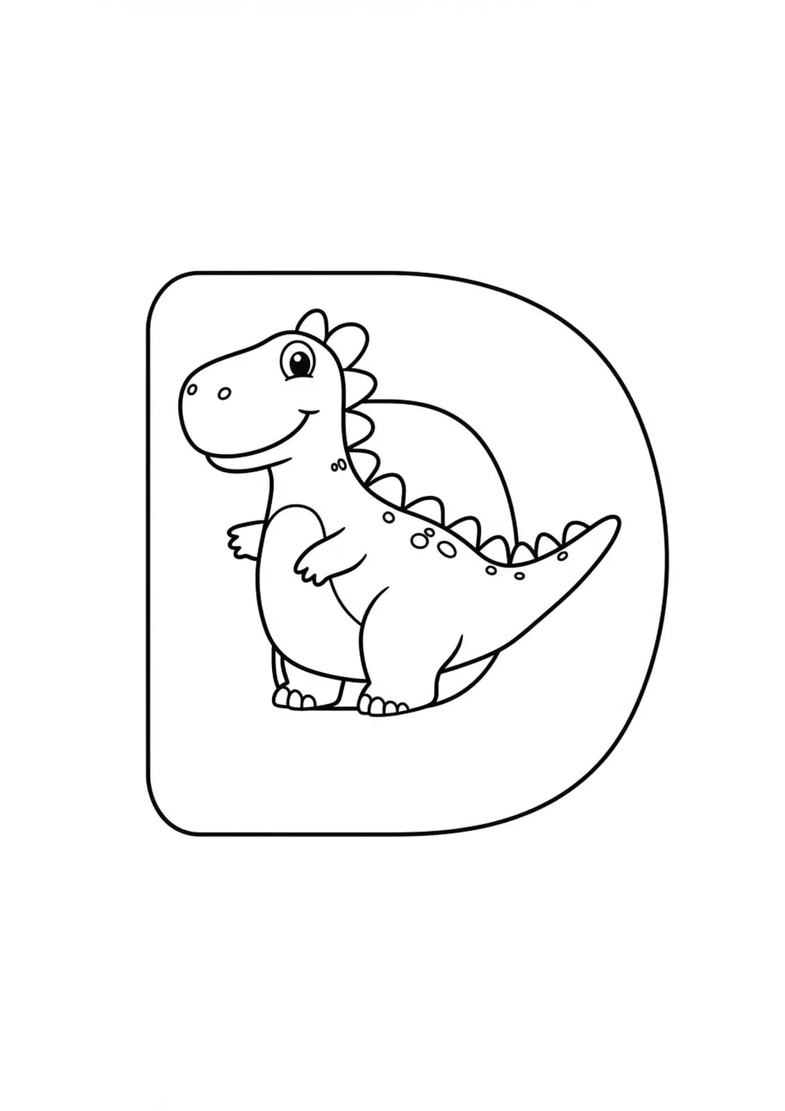 Simple coloring page with a big letter D and a smiling dinosaur, easy to color for preschool children.