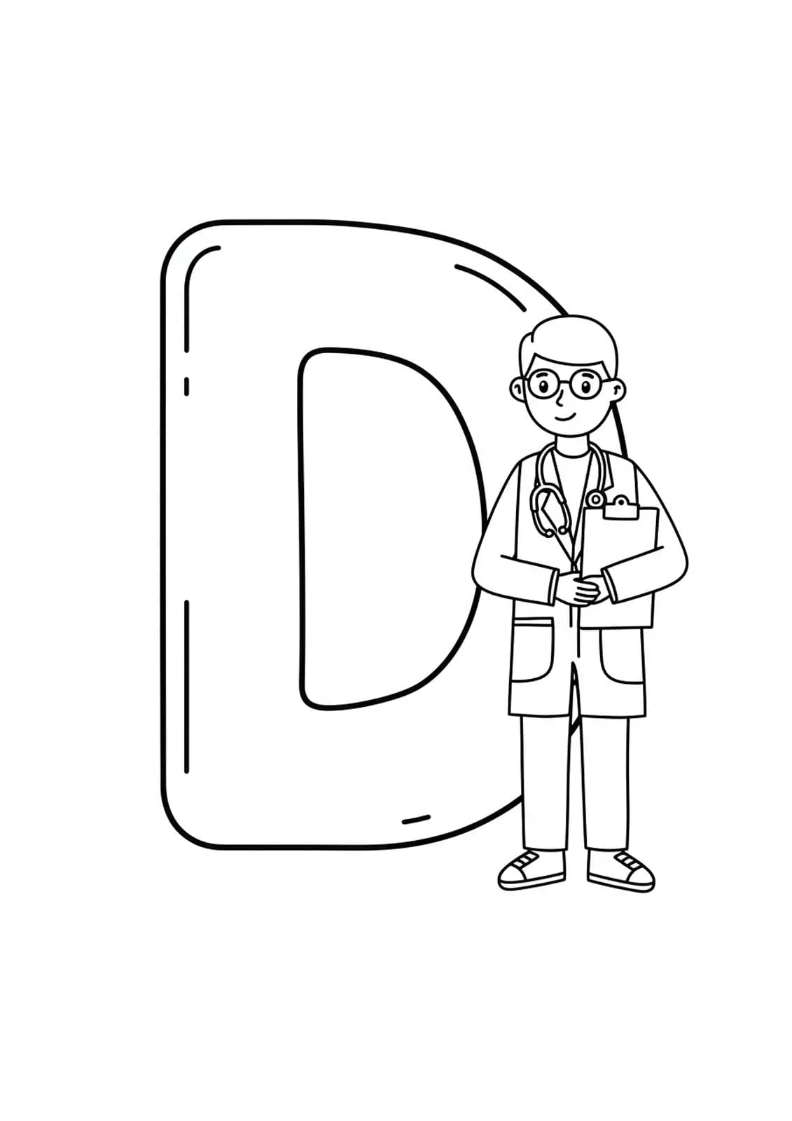 Easy coloring page with a large letter D and a smiling cartoon doctor, perfect for children.
