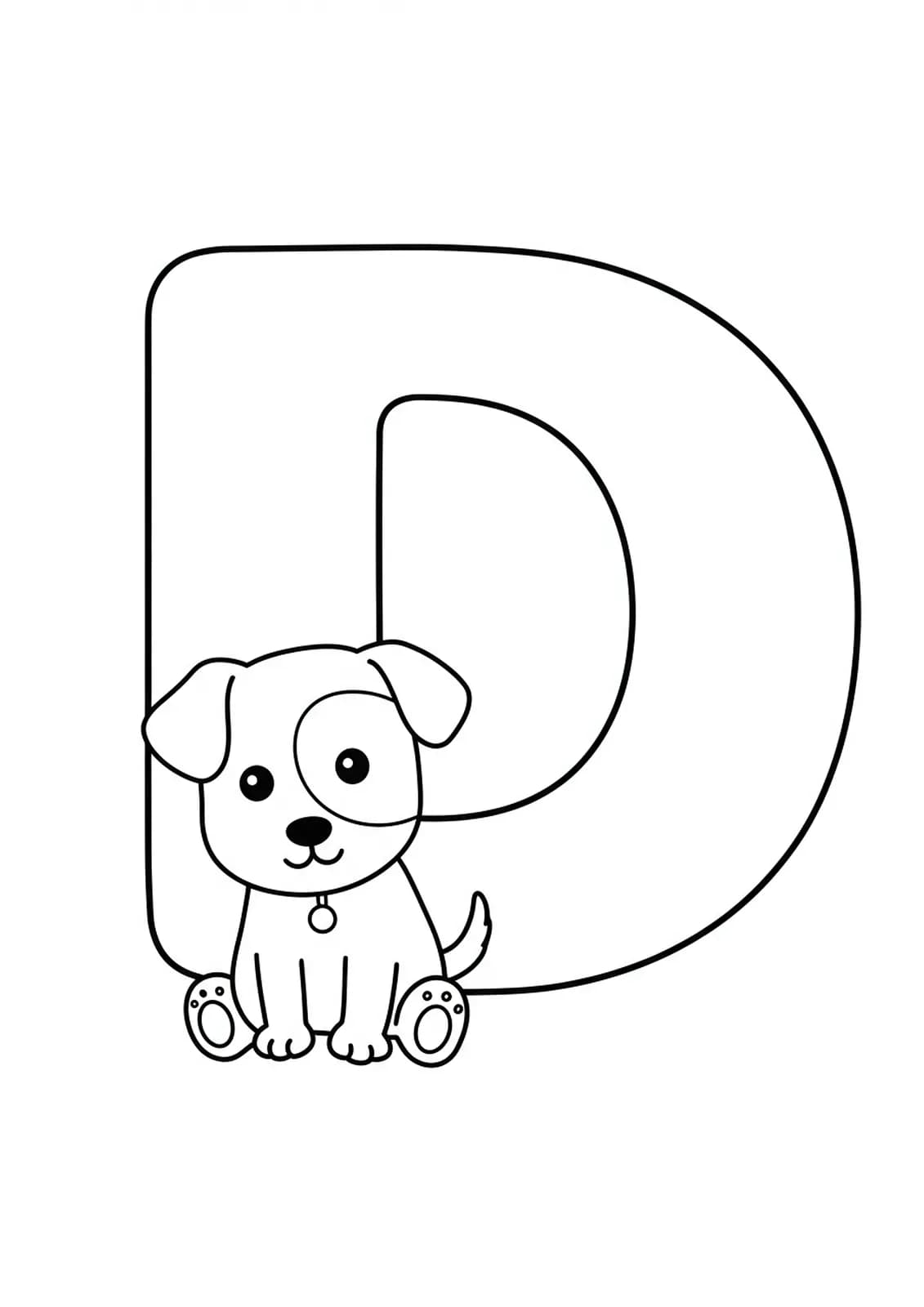 Coloring page with a large letter D and a cute puppy dog, simple lines and big spaces to color.