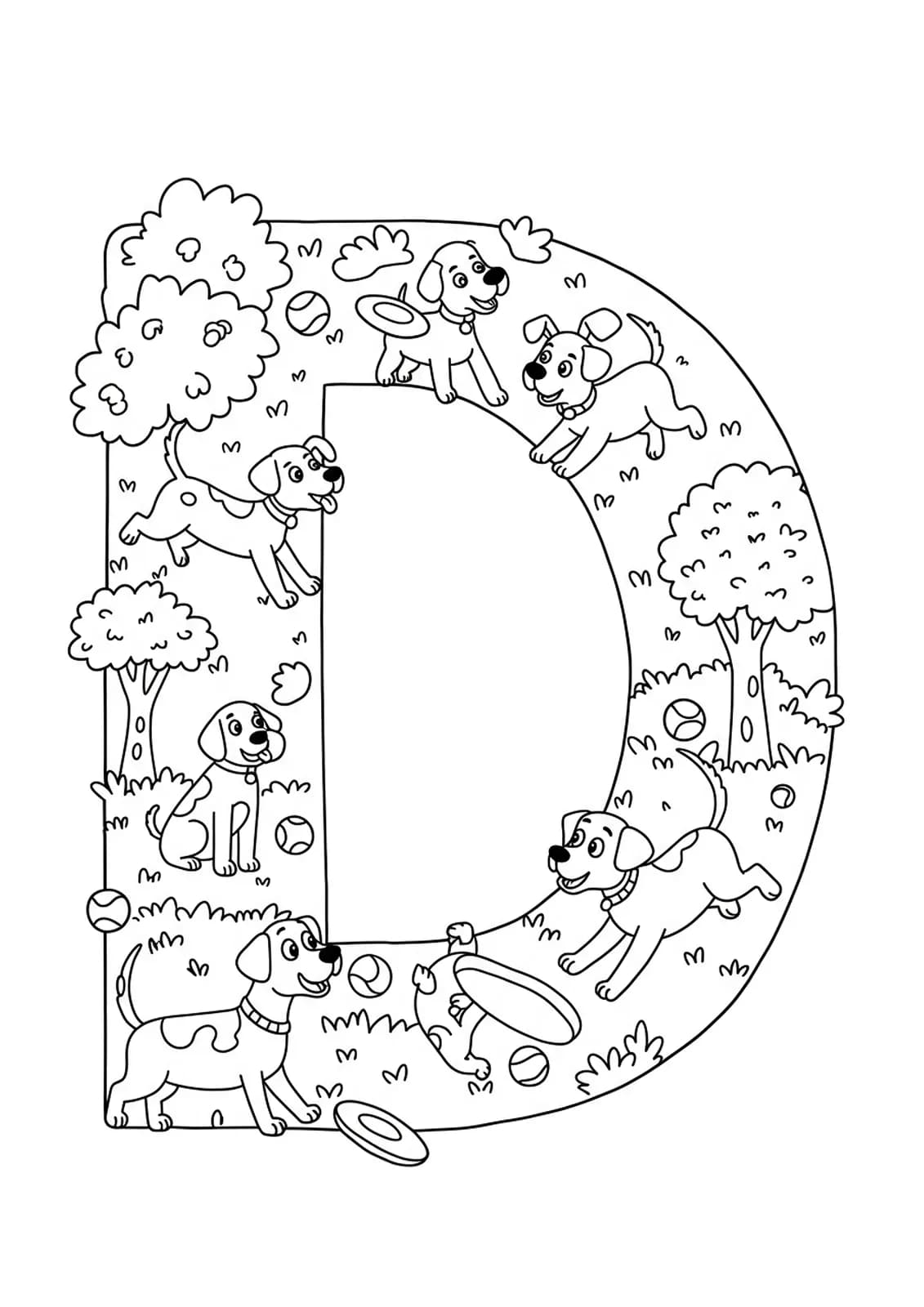Letter D at a dog park with various dogs, trees, and toys, medium detail for kids.