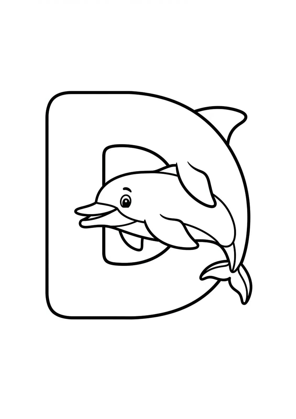 A large letter D with a happy dolphin leaping out of the water, easy coloring page for children.