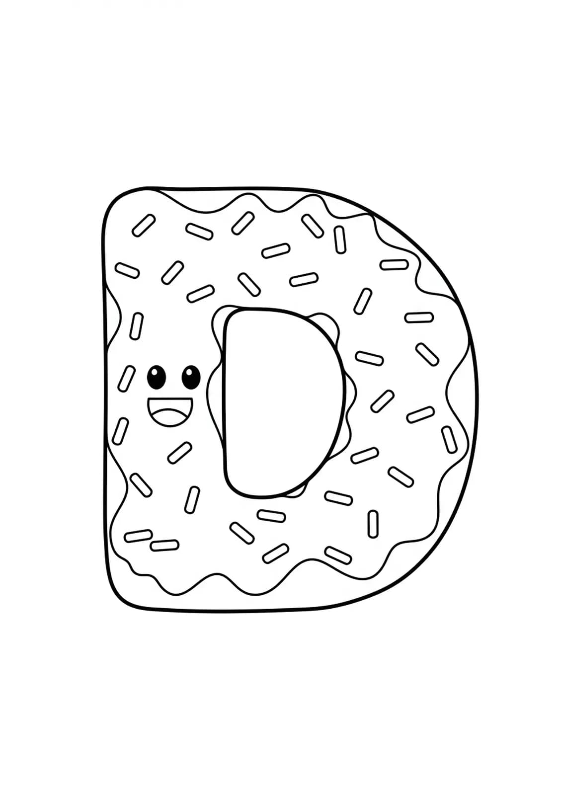 Easy coloring page of the letter D with a smiling donut and sprinkles, designed for children.