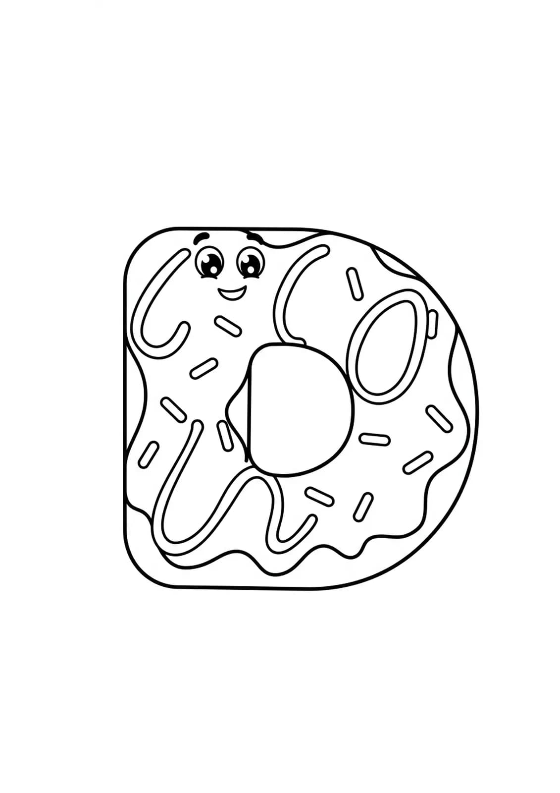 Large letter D with a happy donut, simple outline for easy preschool coloring.