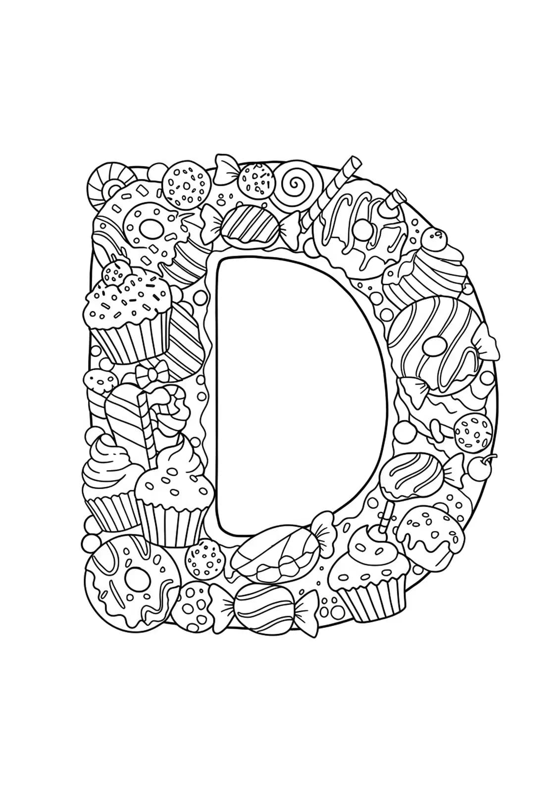 Coloring page showing letter D with assorted donuts, cupcakes, and candies, medium detail.