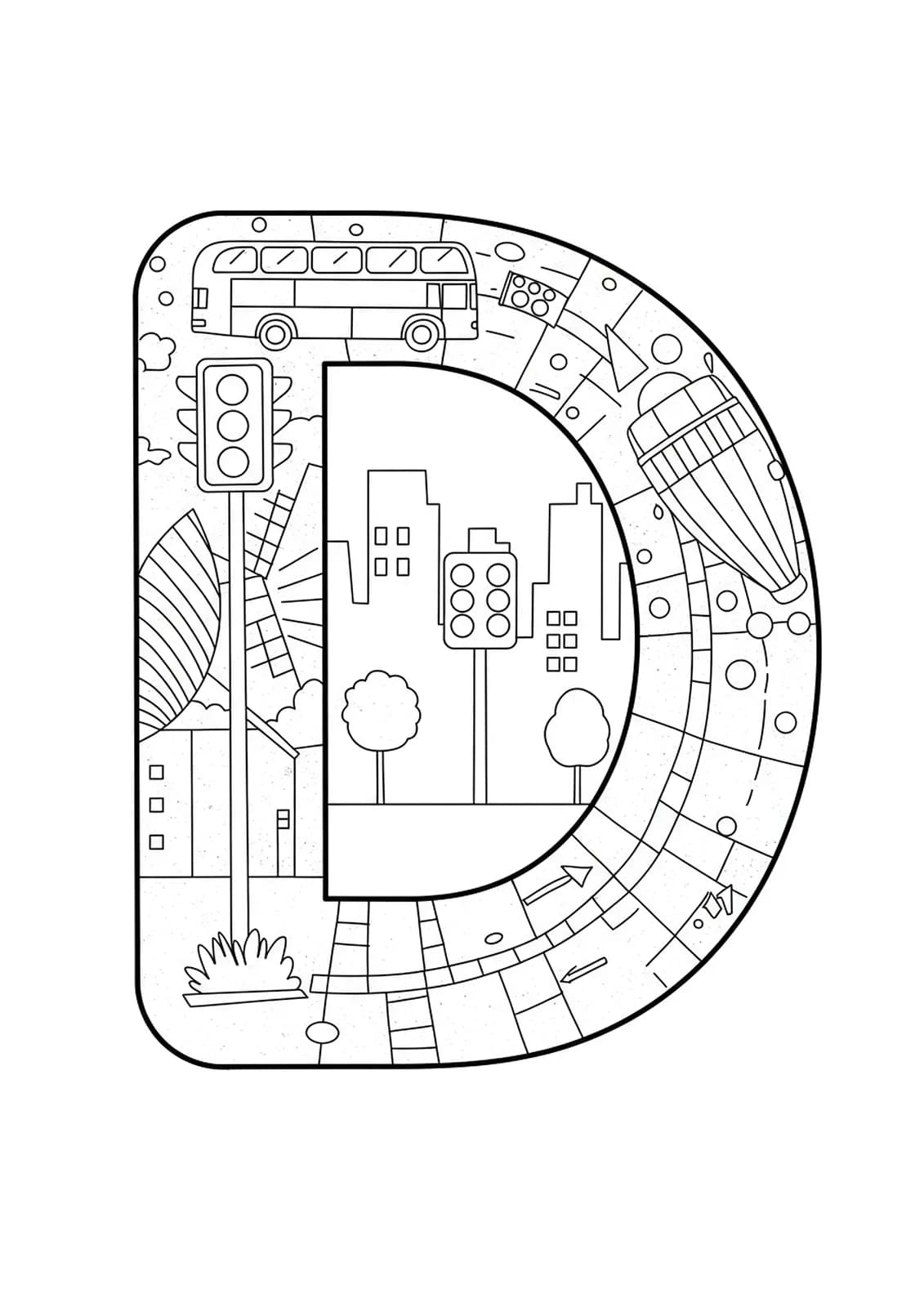 Letter D with a double-decker bus, city buildings, and traffic signs for elementary children.