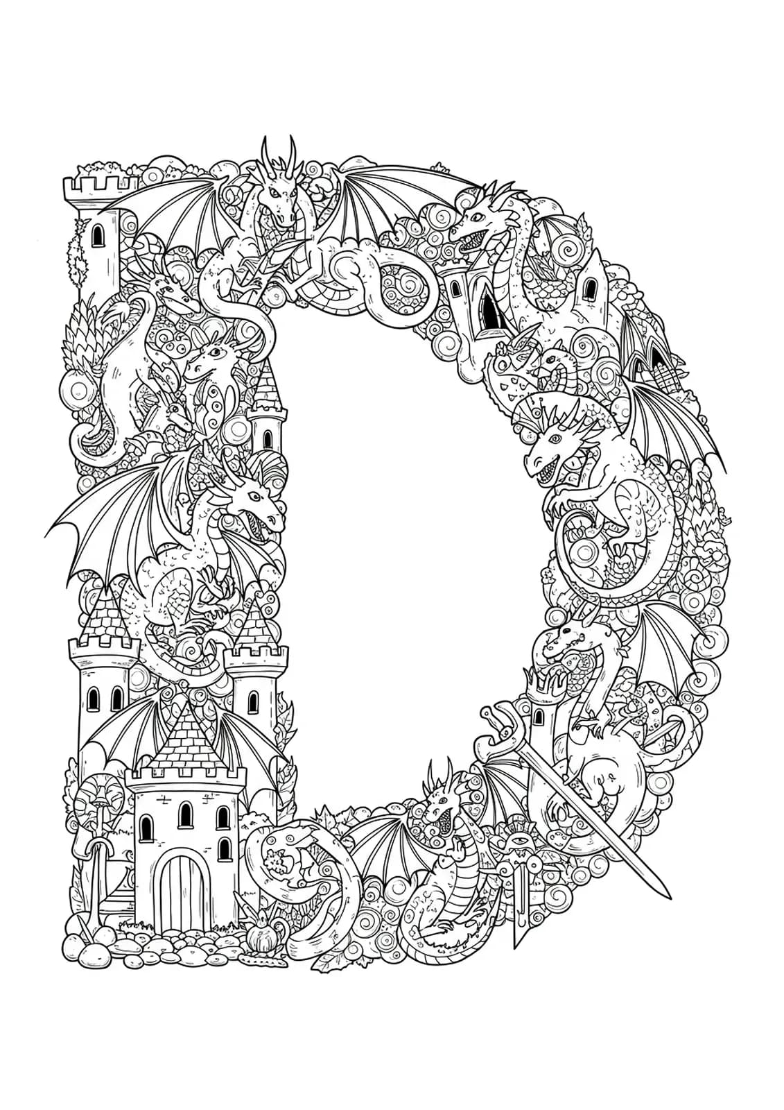 Intricate letter D with dragon and castle elements for coloring, suitable for elementary kids.