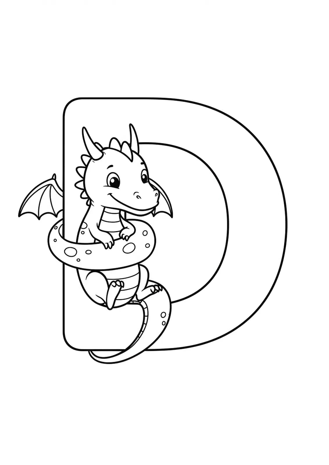Coloring page showing a large letter D with a smiling, friendly dragon, easy for children to color.