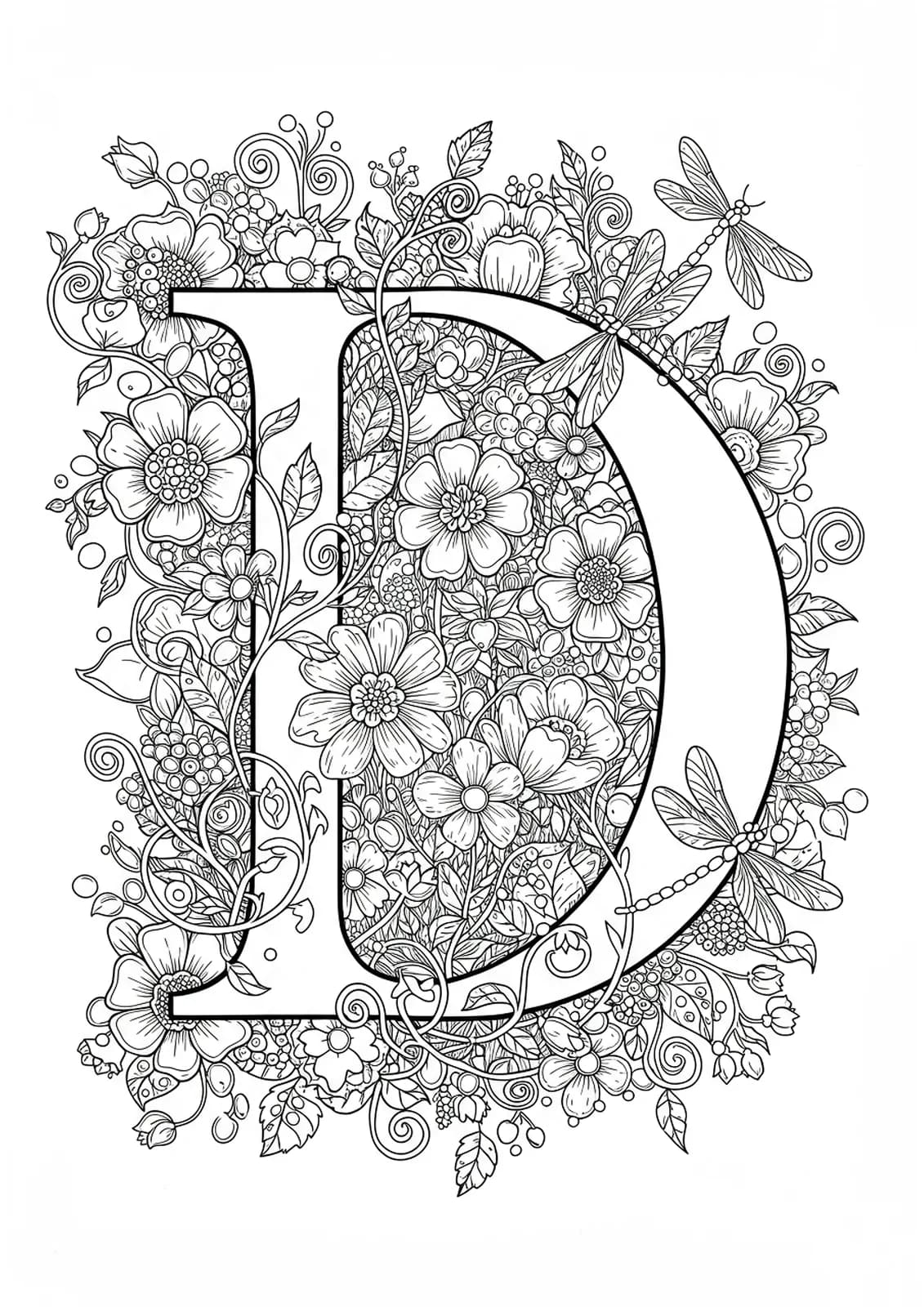 Letter D filled with elaborate garden motifs, flowers, and dragonflies for kids to color.