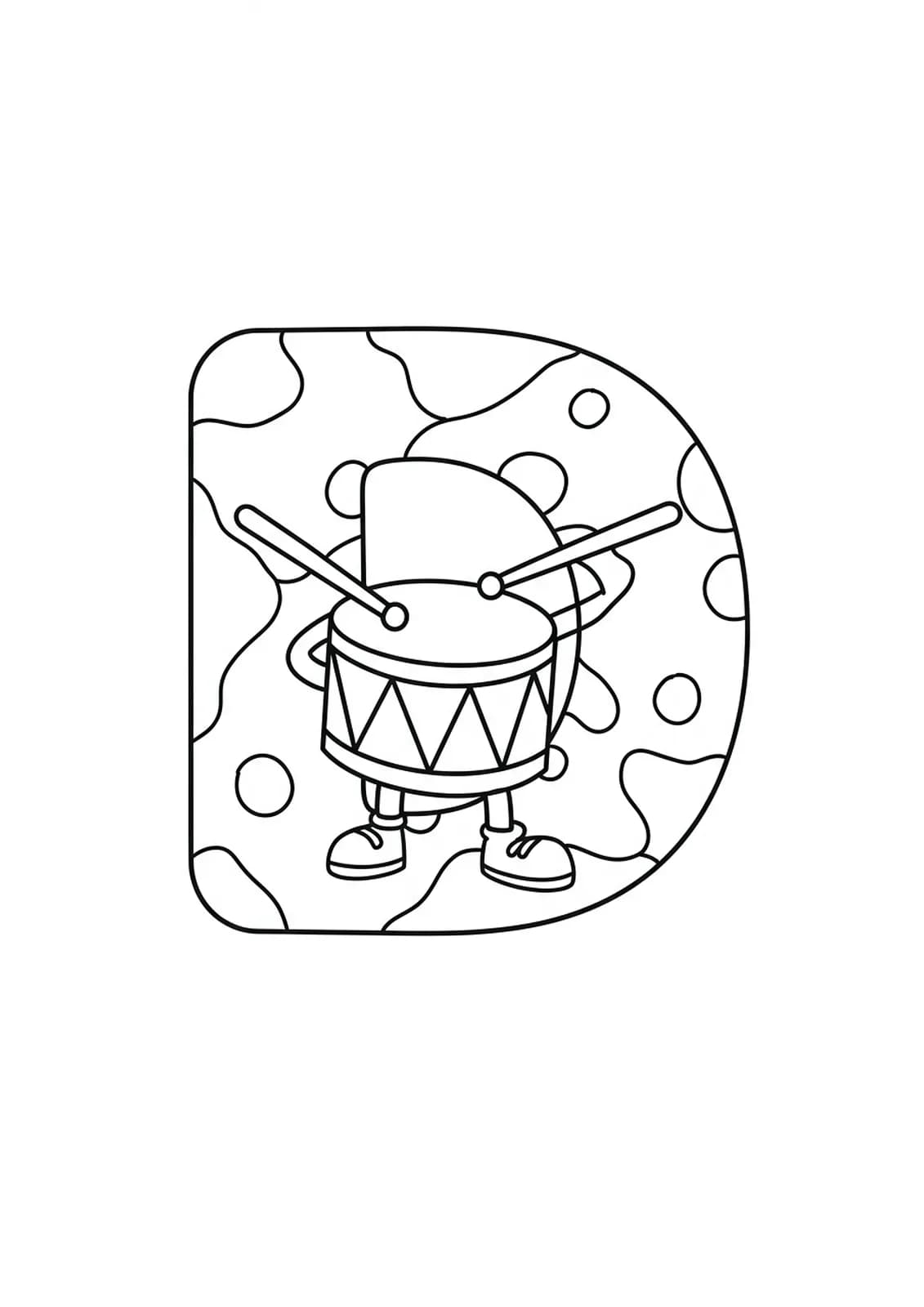 Simple coloring page with a big letter D and a cartoon drum, easy for preschool kids to color.