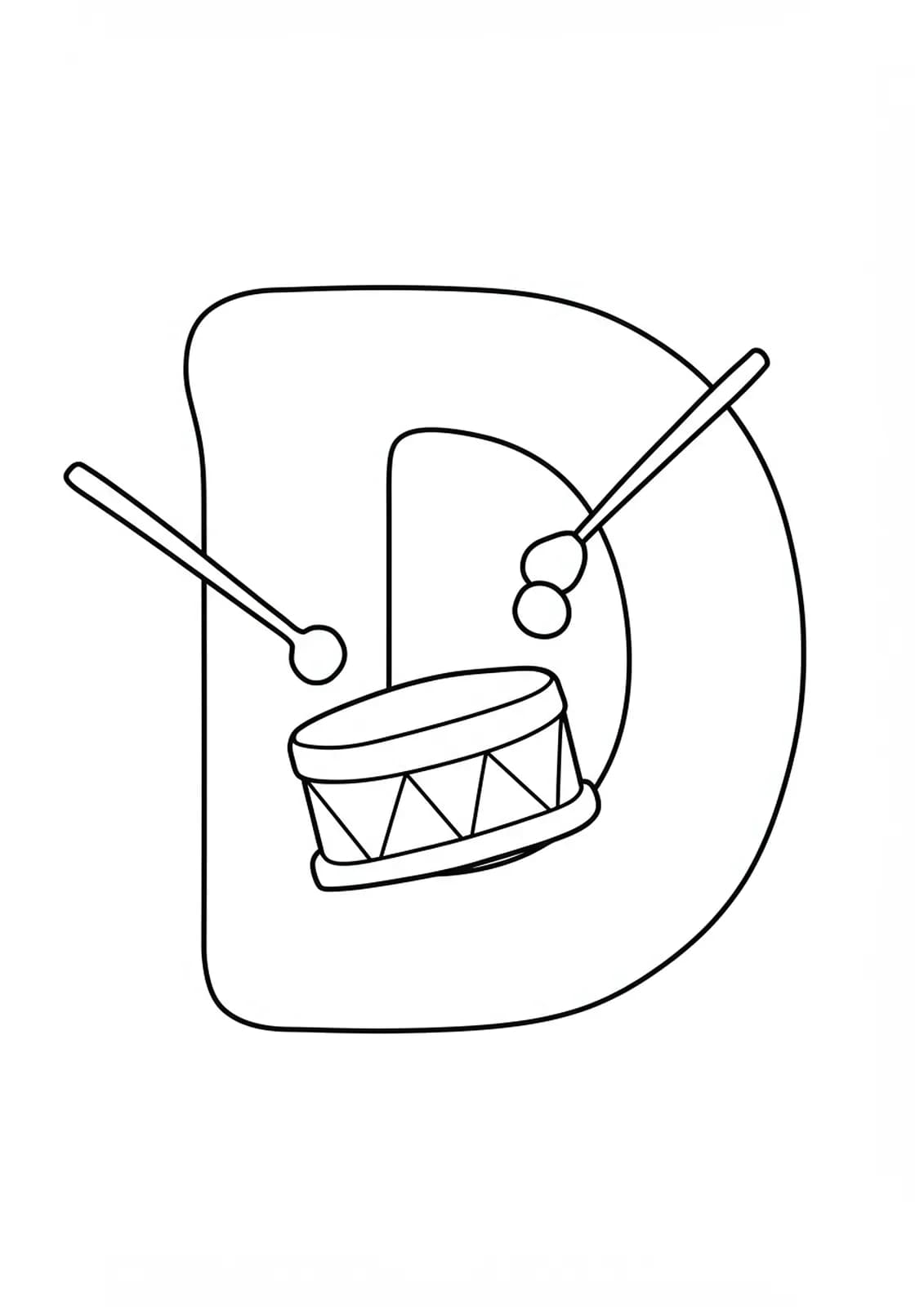 Large letter D with a simple cartoon drum and drumsticks, easy coloring page for kids.