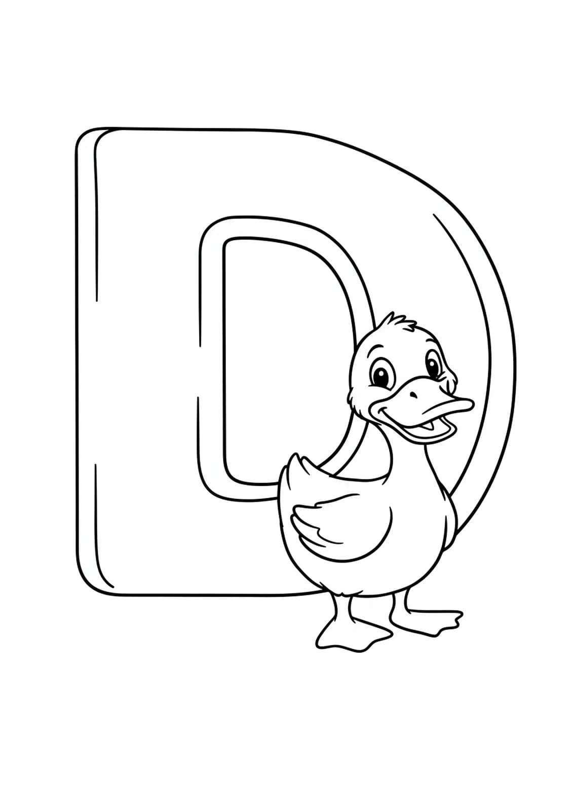 A large letter D with a cute cartoon duck, easy to color for young kids.