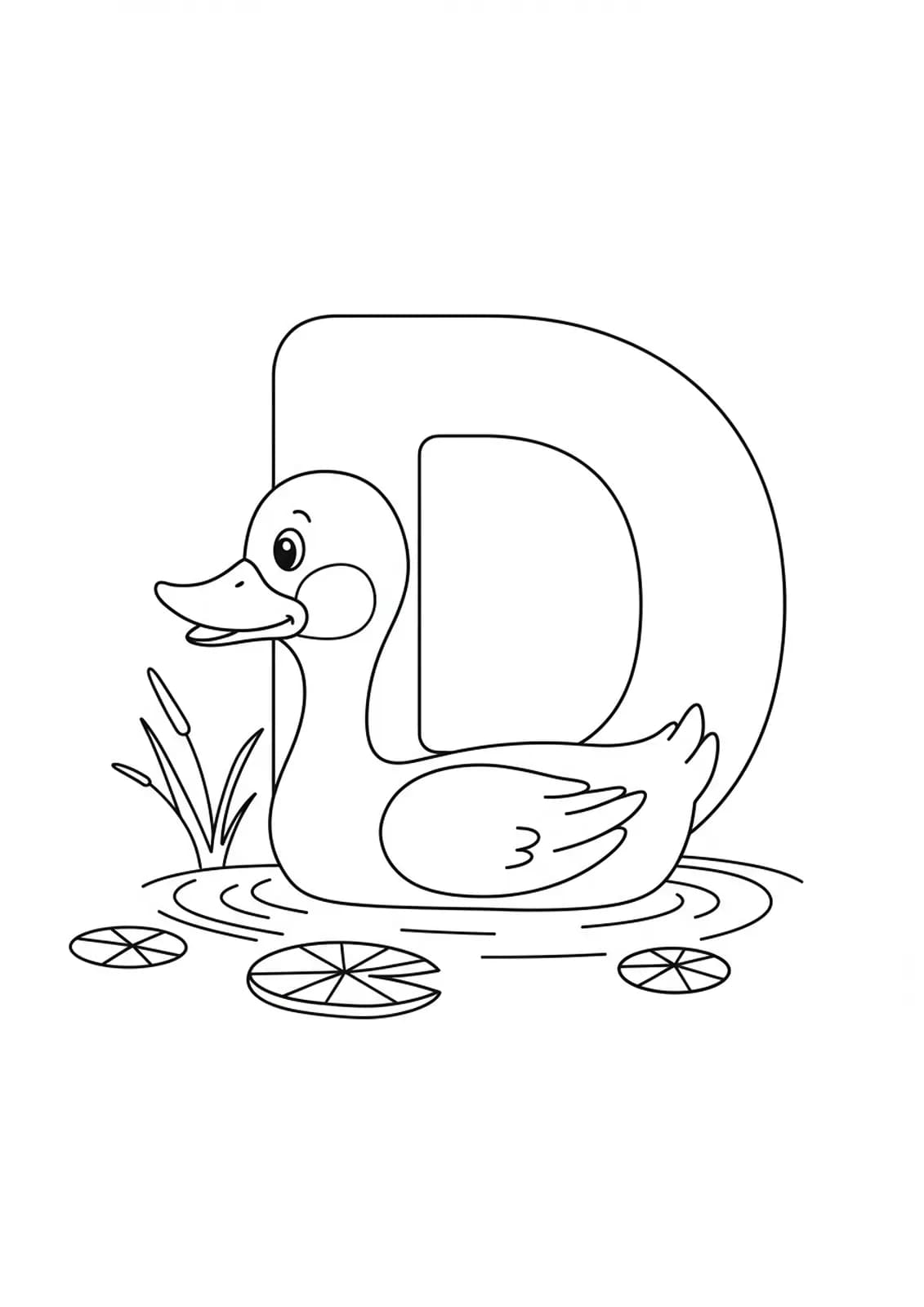 Large letter D with a basic duck floating on a pond, simple outlines for preschool coloring.