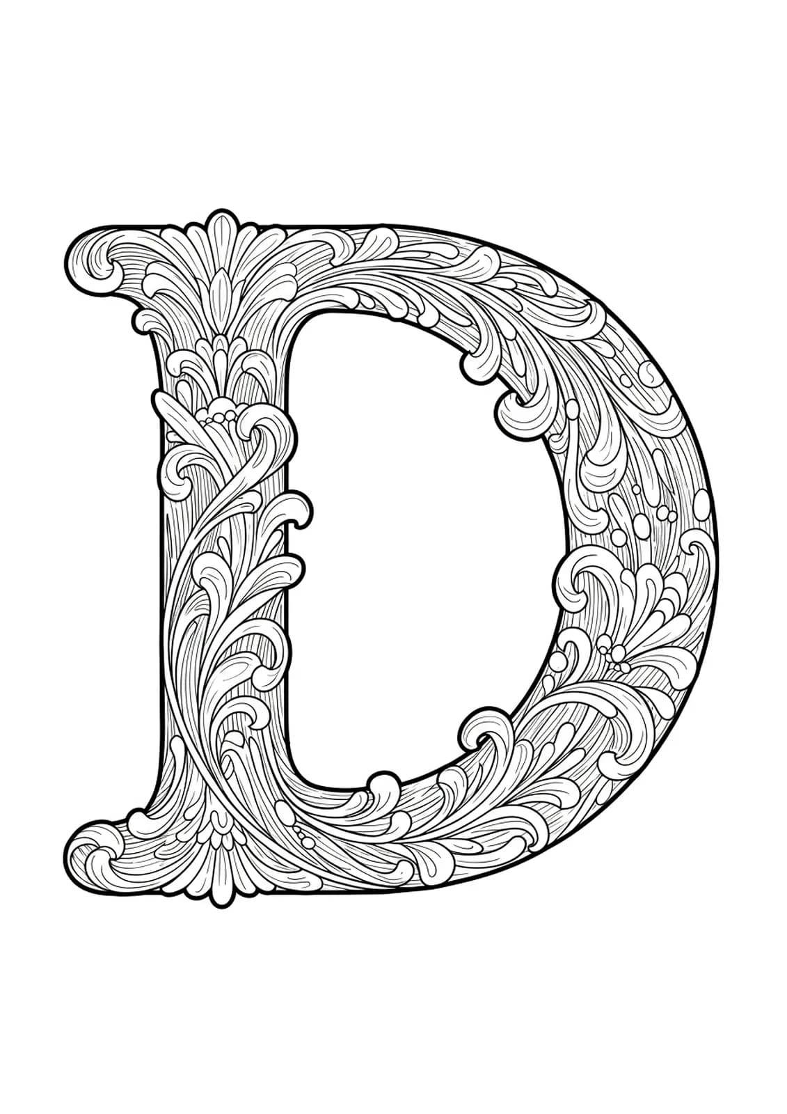 Letter D coloring page in Art Nouveau style with detailed floral and swirling decorative elements.