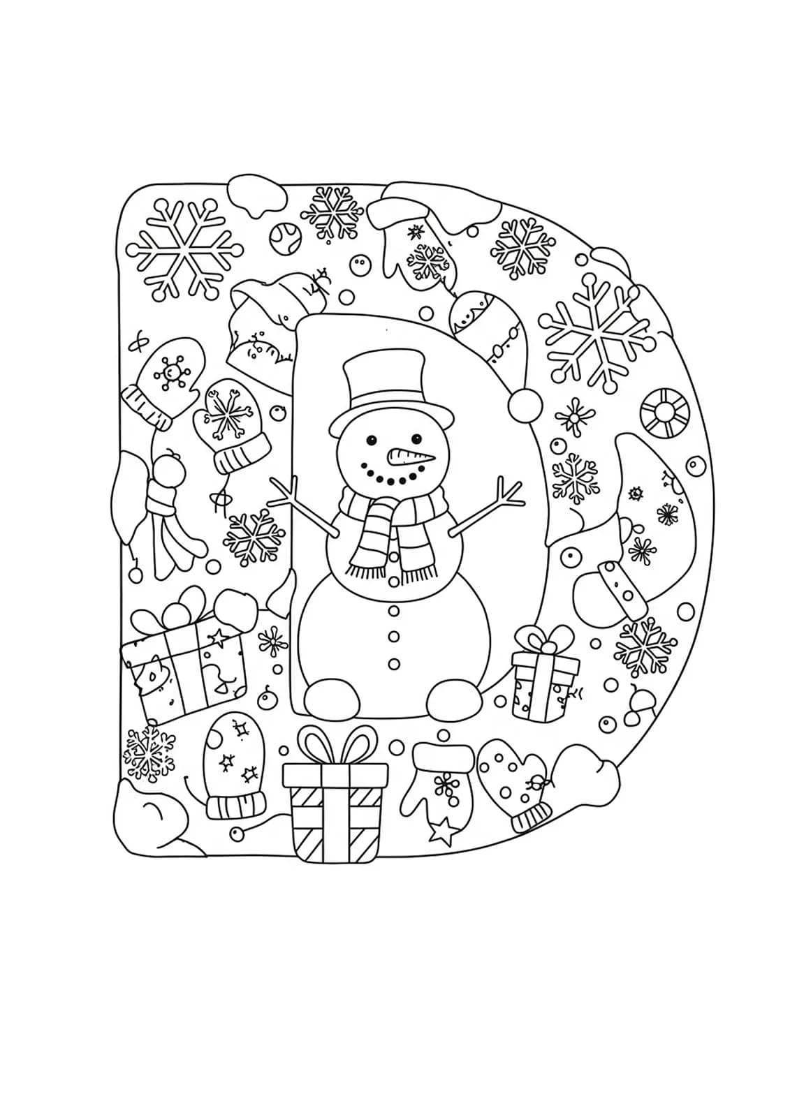 Letter D with snowflakes, a snowman, mittens, and winter decorations around it.