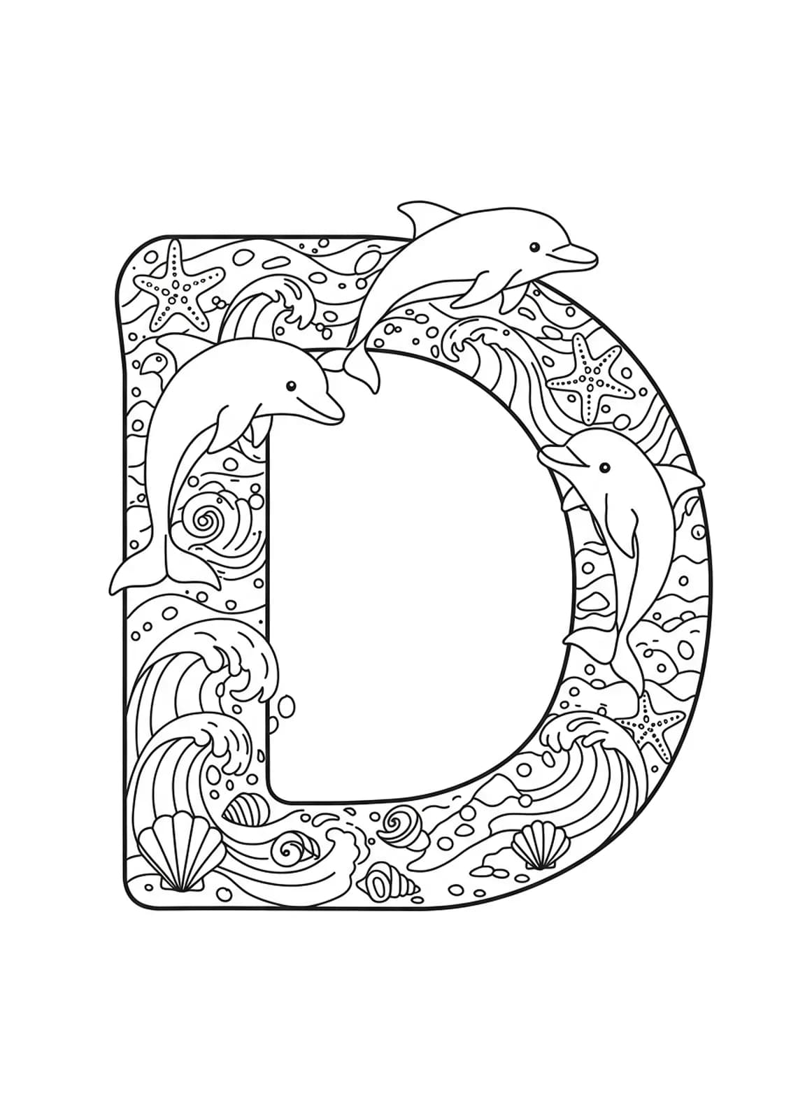 Medium detail coloring page with letter D, dolphins jumping, waves, and seashells for elementary.
