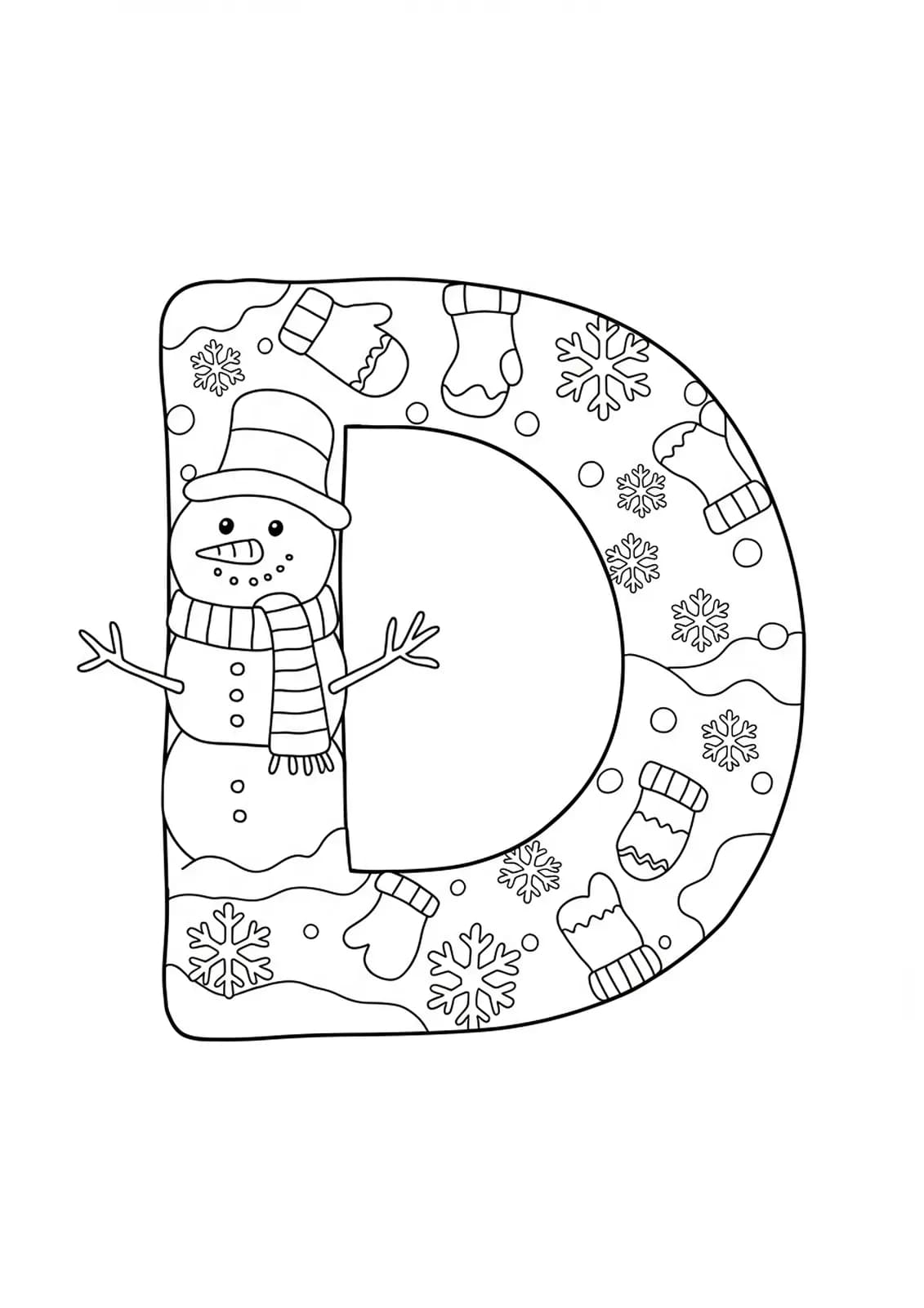 Letter D decorated with a snowman, scarf, and snowflakes, suitable for elementary coloring.