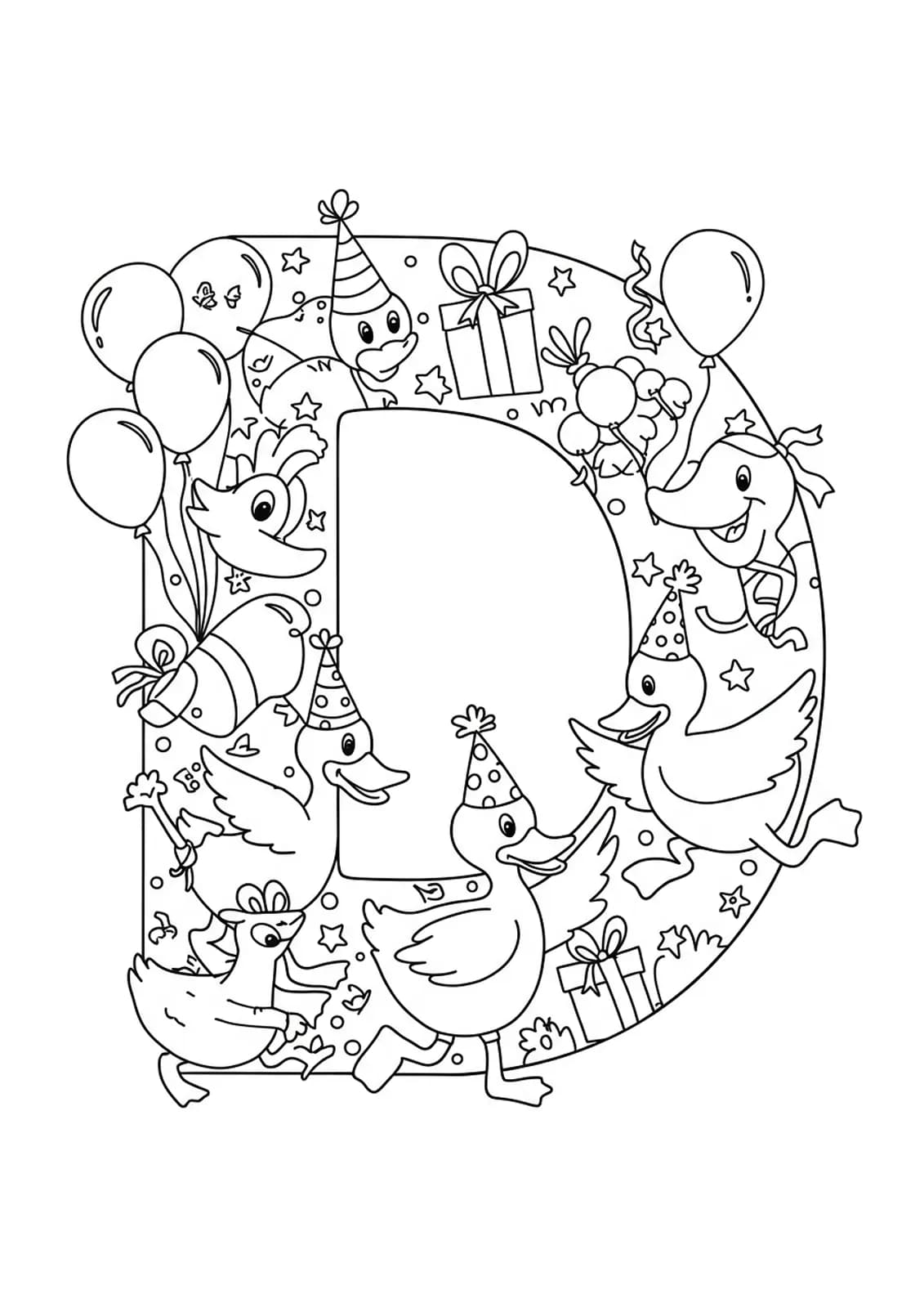Letter D with several ducks wearing party hats, streamers, and balloons for a celebration.