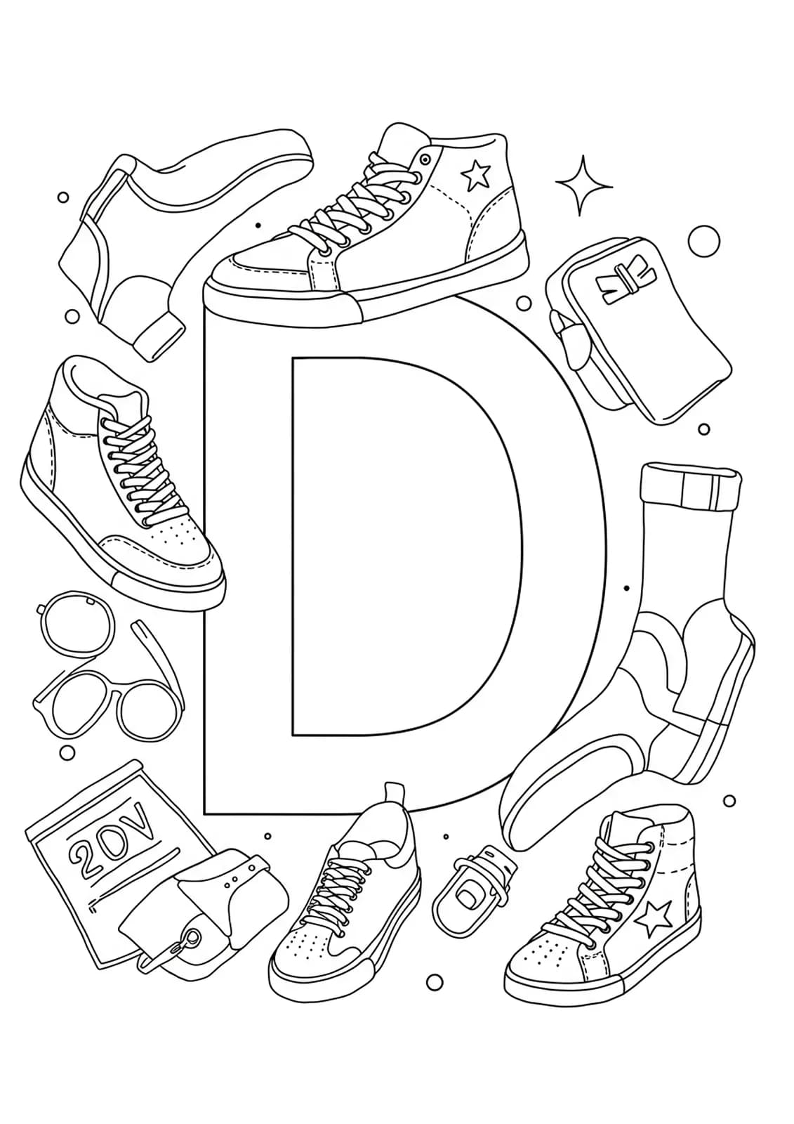 Easy coloring page with the letter D and outline drawings of designer sneakers and simple fashion icons.