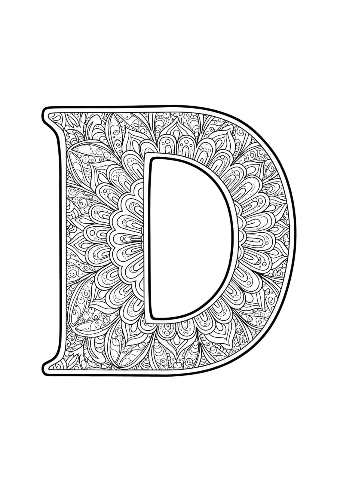 Letter D filled with medium-detailed floral lace patterns for adult coloring.
