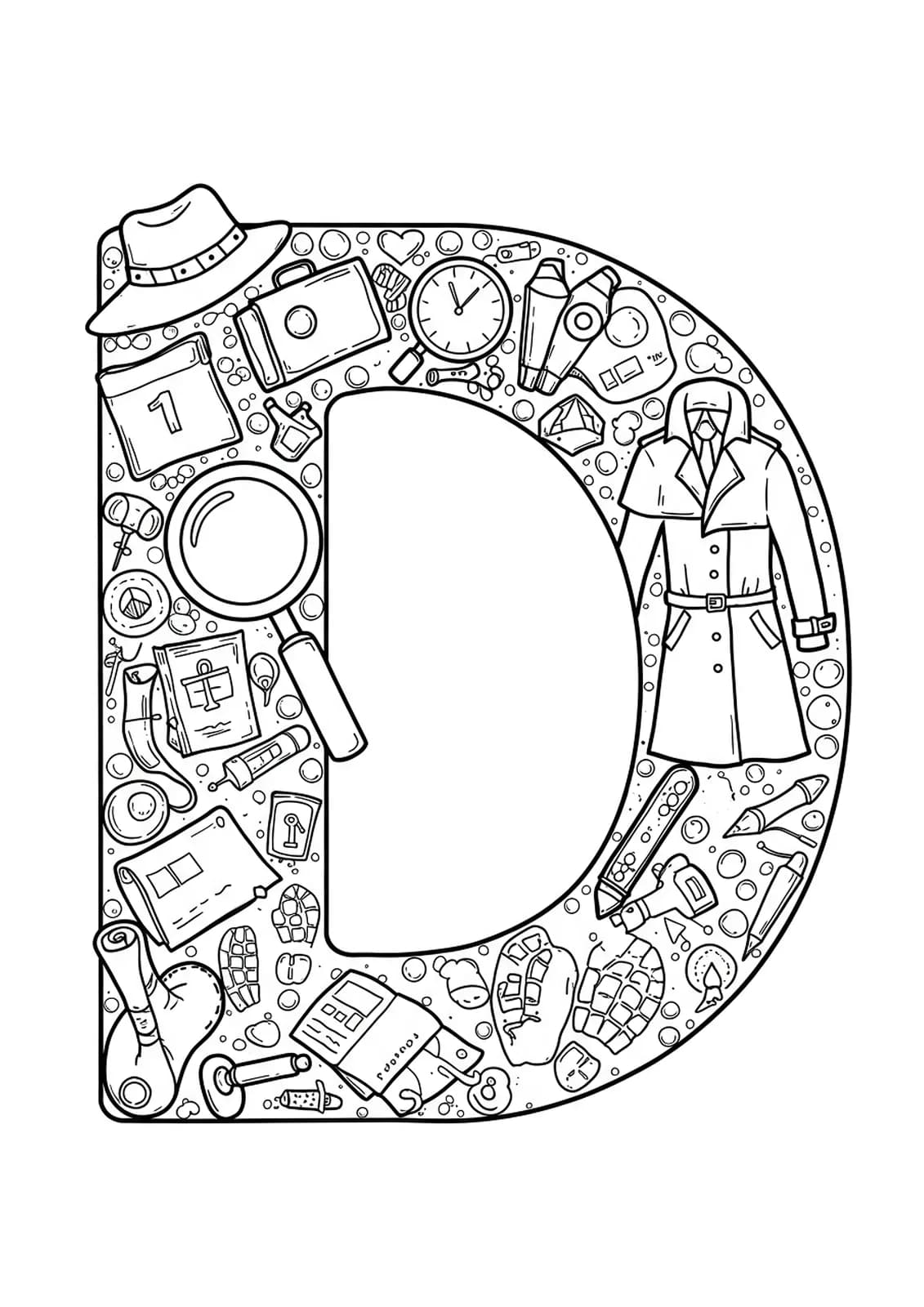 Letter D surrounded by detective-themed items: magnifying glass, clues, fingerprints, and a hat.