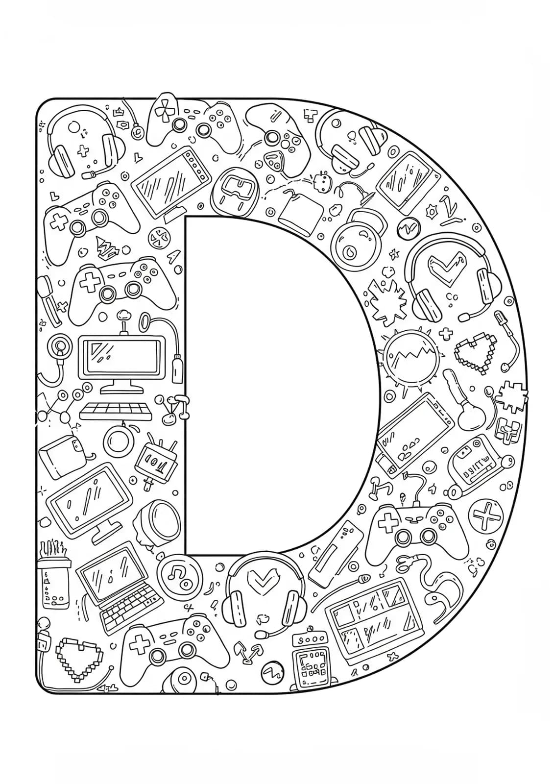 Letter D with gaming controllers, headsets, pixelated icons, and game elements.