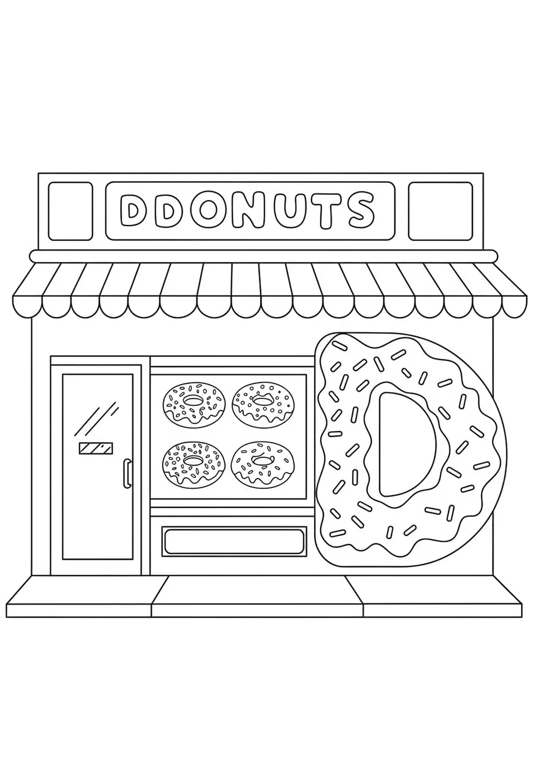 Easy coloring page with the letter D next to a donut shop window and outlines of donuts.