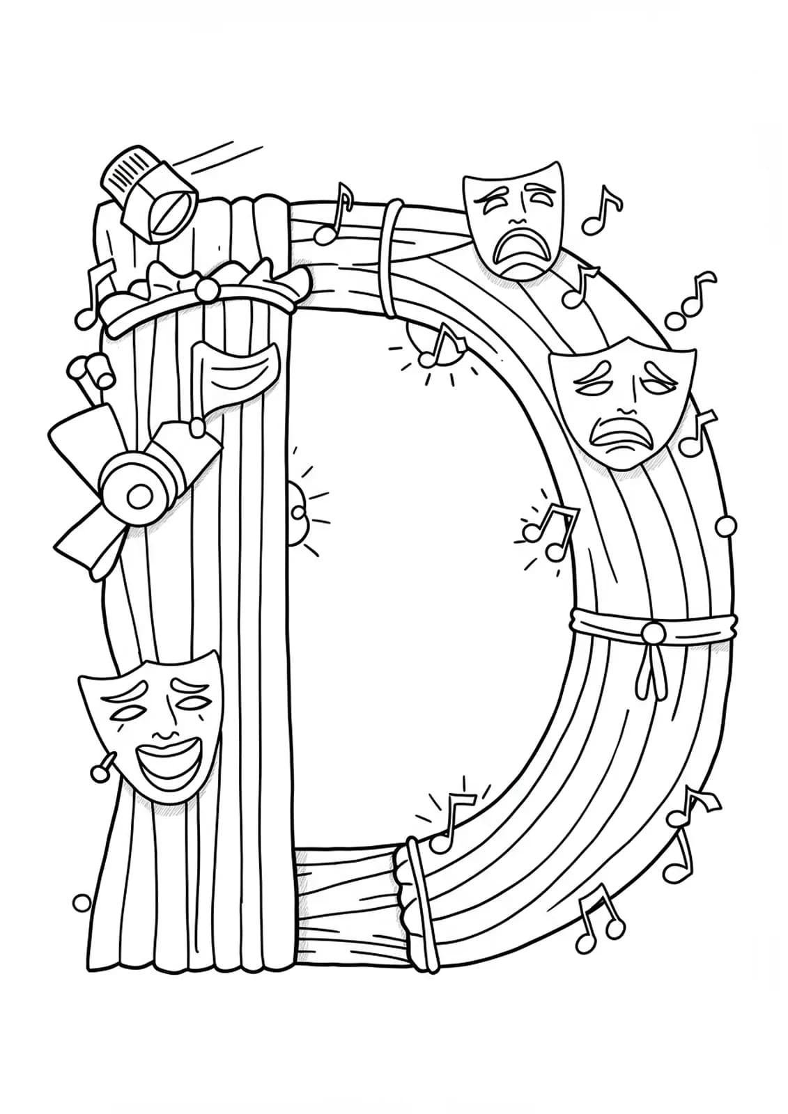 Letter D with stage curtains, spotlights, masks, and theatre props.