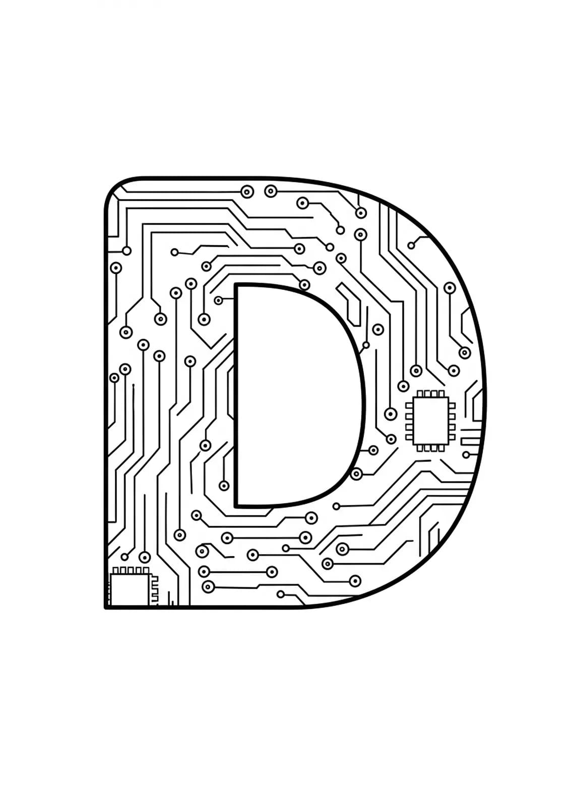 Letter D integrated with detailed futuristic circuit board and technology patterns.