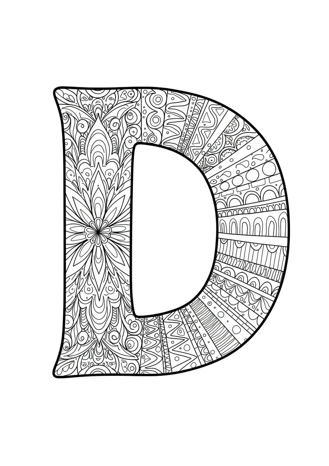 Letter D adorned with detailed tribal patterns and motifs from diverse cultures.