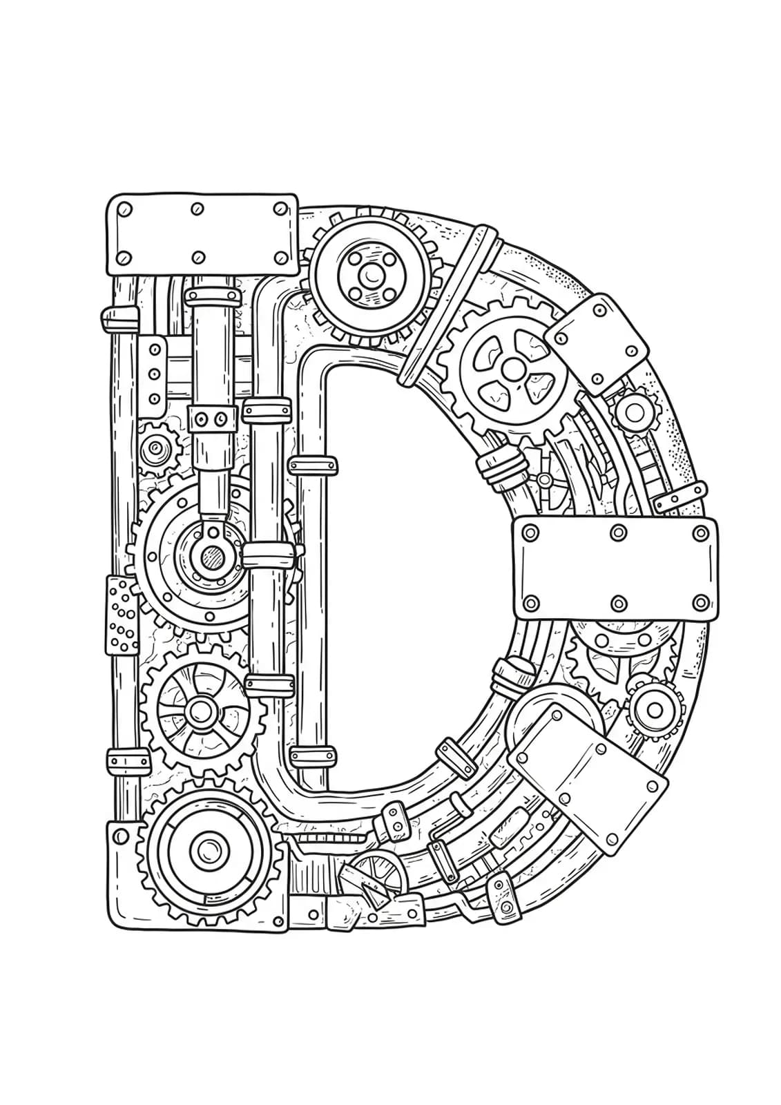 Steampunk mechanical gears and cogs intricately integrated within the letter D.