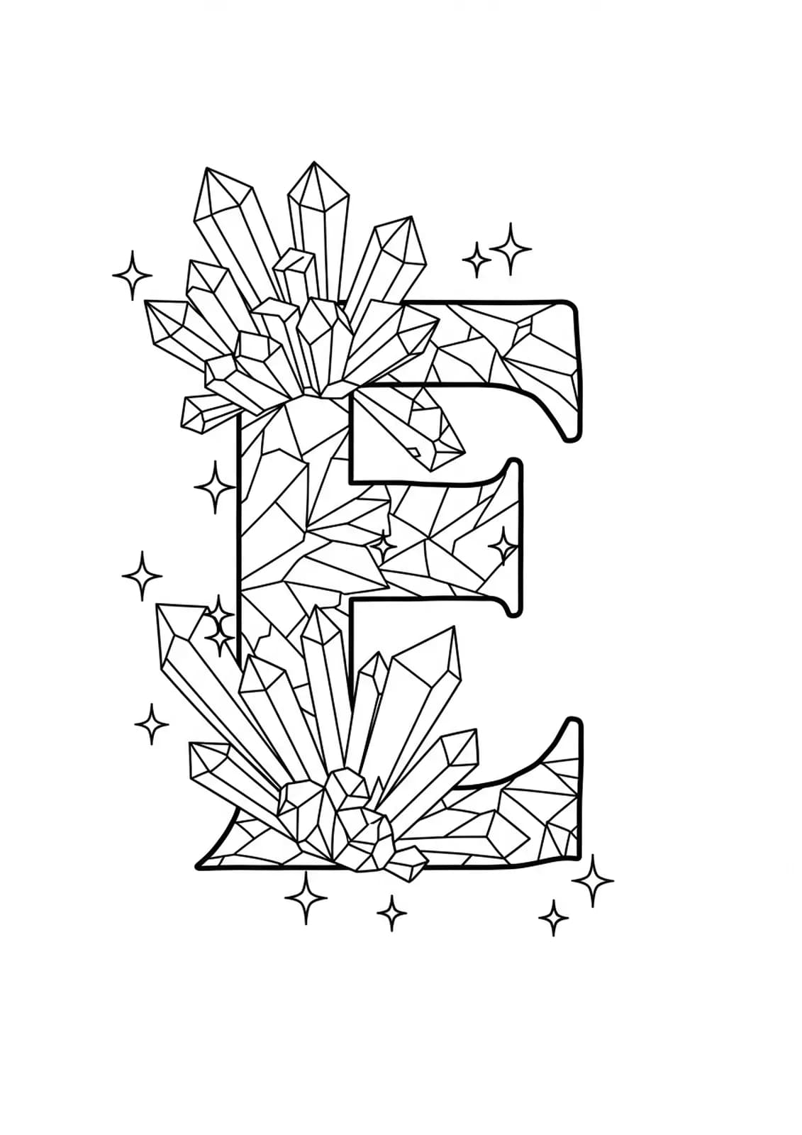 Letter E surrounded by various geometric crystal shapes and facets in black and white line art.