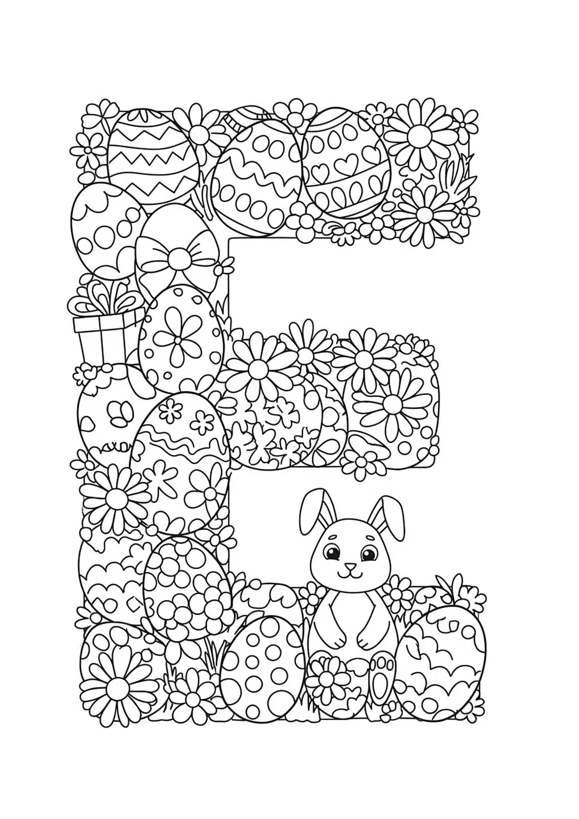 Big letter E with Easter eggs, bunny and spring flowers around, medium detail for preschool coloring.