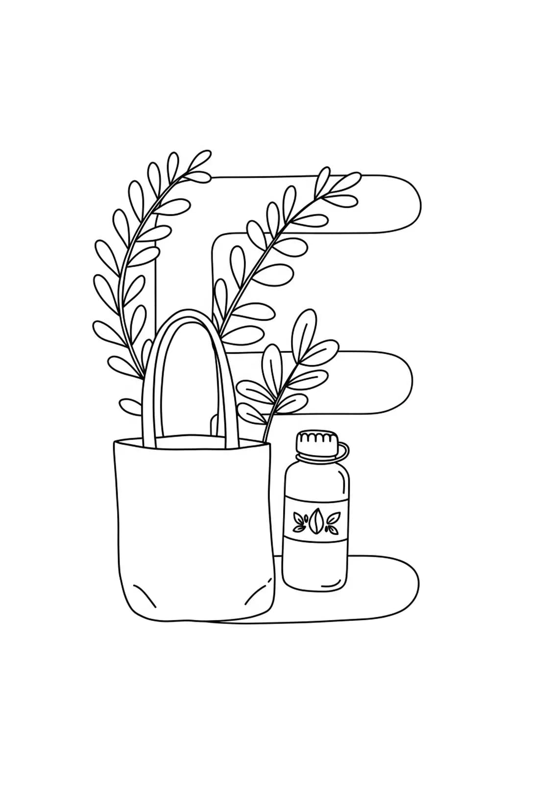 Letter E with tote bag, reusable water bottle, and plant leaves, easy outlines
