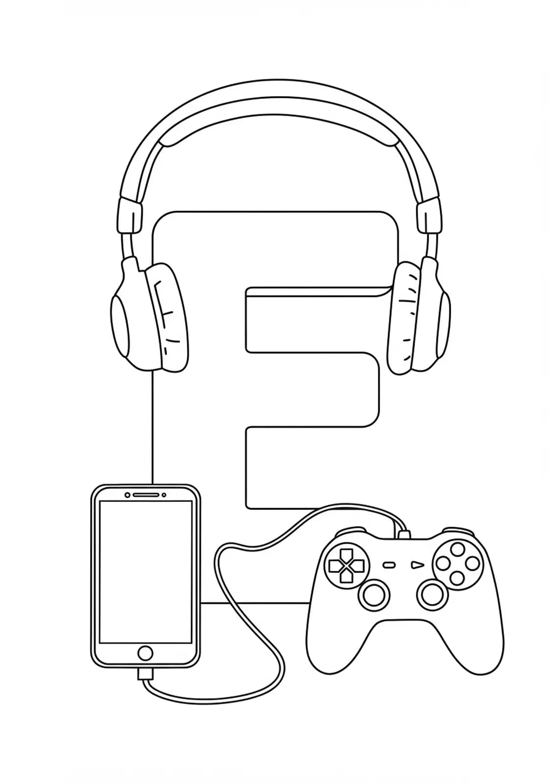 Letter E with headphones, smartphone, and game controller, easy outlines