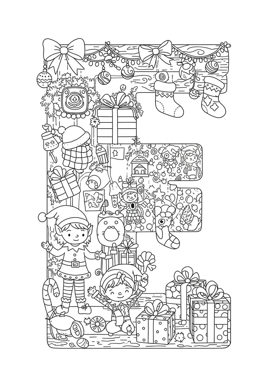Large letter E with happy elves, presents, and Christmas decorations around, medium details for preschool.
