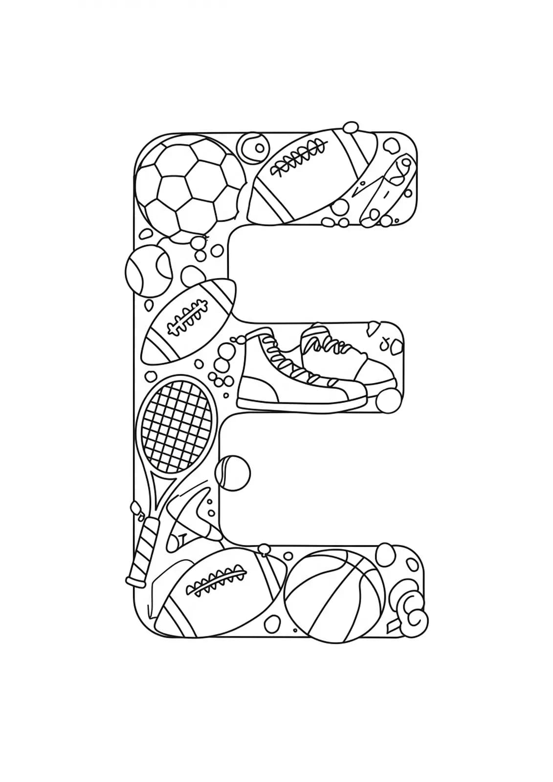 Letter E with soccer ball, basketball, tennis racket, and other sports gear, medium detail for preschool.
