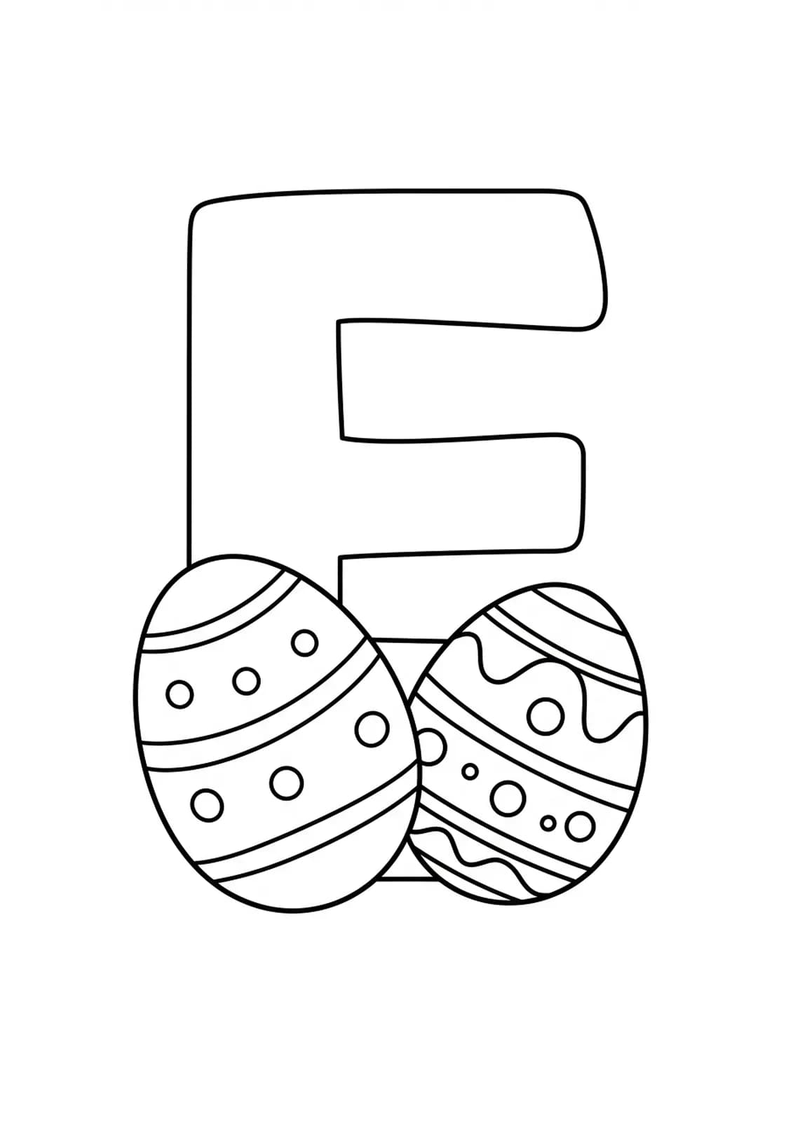 Simple letter E coloring page with large Easter eggs and basic shapes, suitable for preschoolers